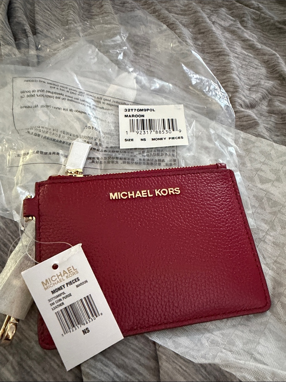 Michael Kors Maroon Pebbled Leather Zip Pouch with Gold Logo